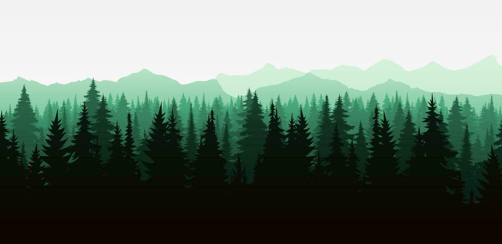 uma lindo vetor ilustração do uma enevoado floresta panorama com conífero árvores dentro silhueta. a sempre-verde árvores, montanhas, e natural meio Ambiente perfeito para fundos do natureza, animais selvagens