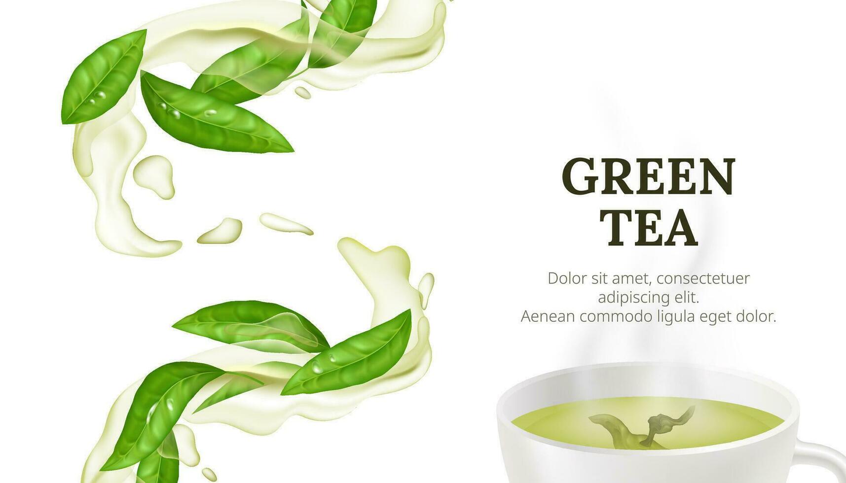 vetor ilustração do uma quente copo do verde chá com uma fresco folha. saudável e aromático bebida conceito com natural e orgânico elementos em uma branco fundo. líquido espirrando água fluxo.