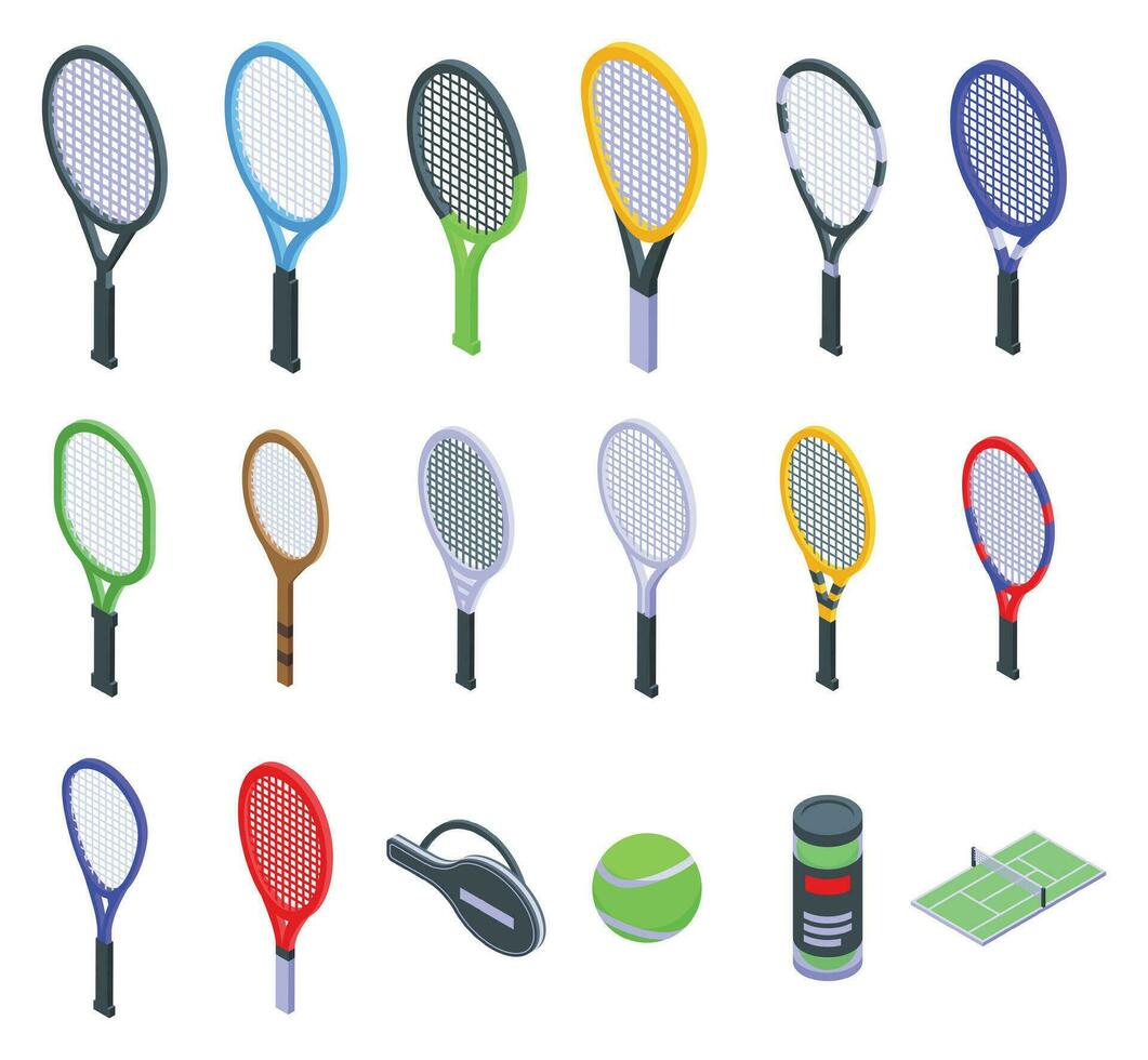 tênis raquete ícones conjunto isométrico vetor. esporte bola vetor