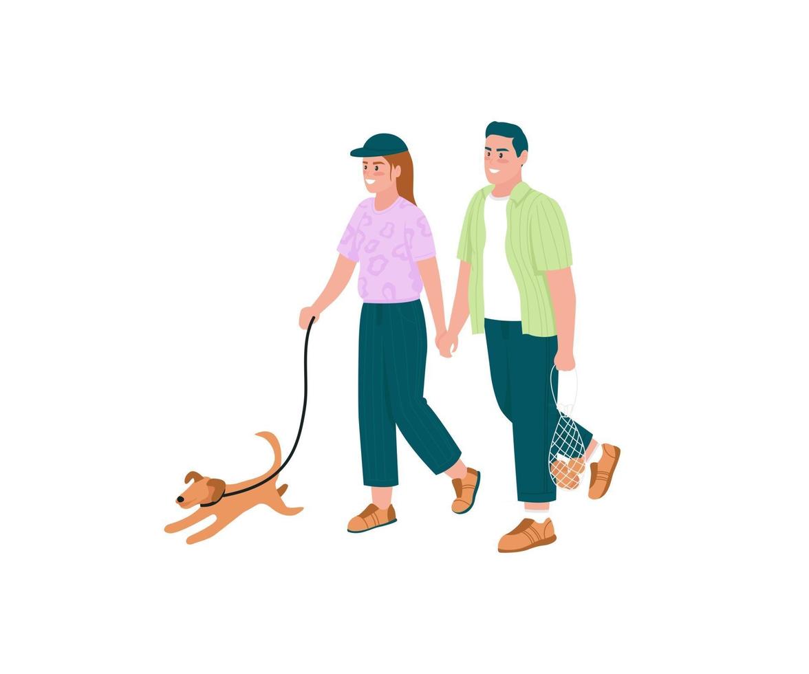 casal feliz passeando com cachorro de cor lisa caracteres detalhados vetor