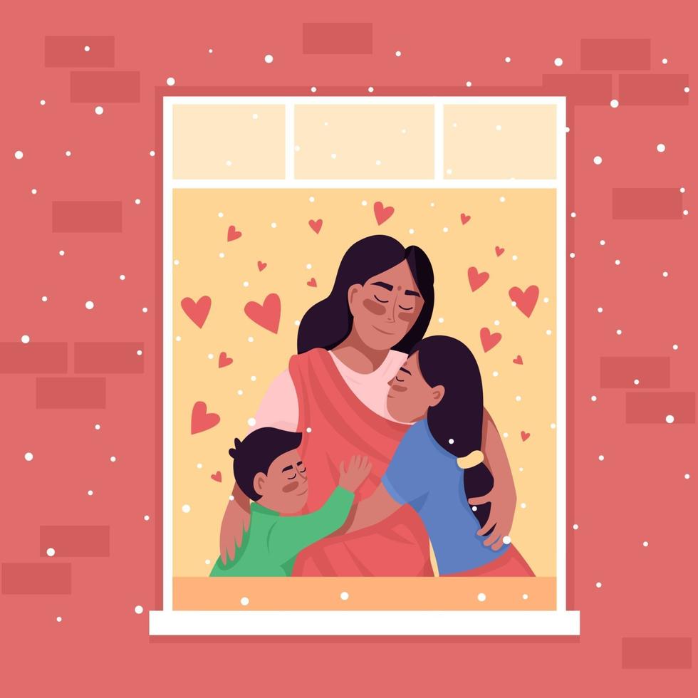 ilustração vetorial de cor lisa, família indiana feliz na janela de casa vetor