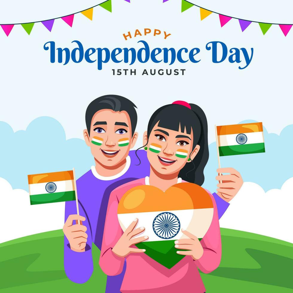 feliz independência dia Índia cumprimento postar com indiano bandeira para 77º independência dia do Índia em 15º agosto. vetor