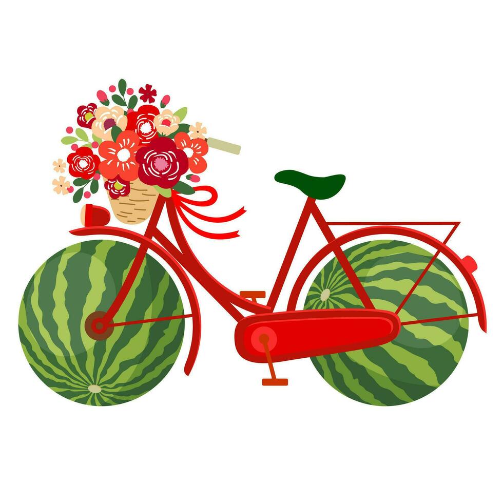 uma vermelho bicicleta com uma brilhante ramalhete e Melancia rodas . vetor. ilustrado clipart. vetor
