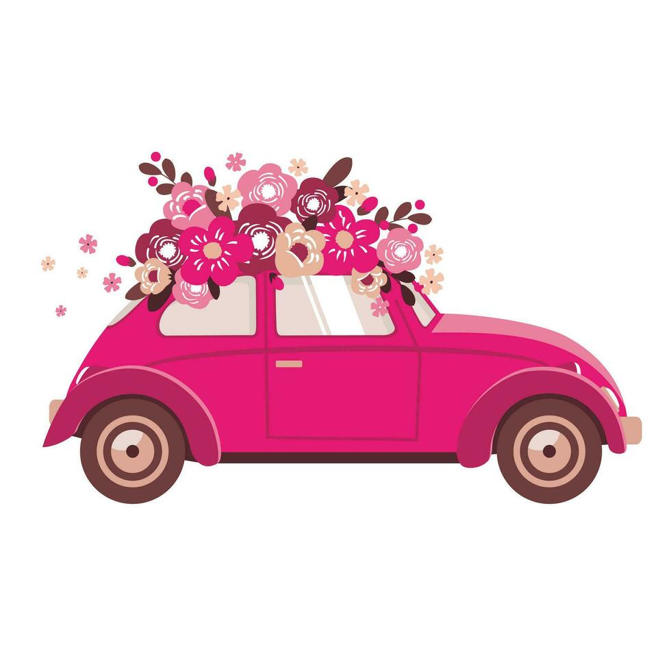 Rosa pequeno carro com flores em a teto. vetor. ilustrado clipart. vetor