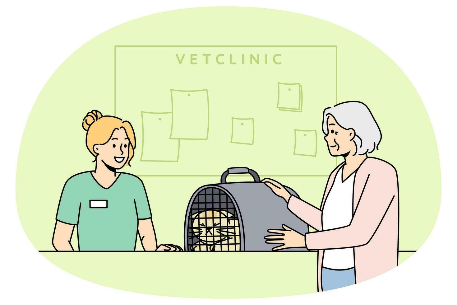 velha traz animal de estimação para clínica veterinária. fêmea madura leva gato em gaiola para hospital veterinário. cuidados com animais domésticos. ilustração vetorial. vetor