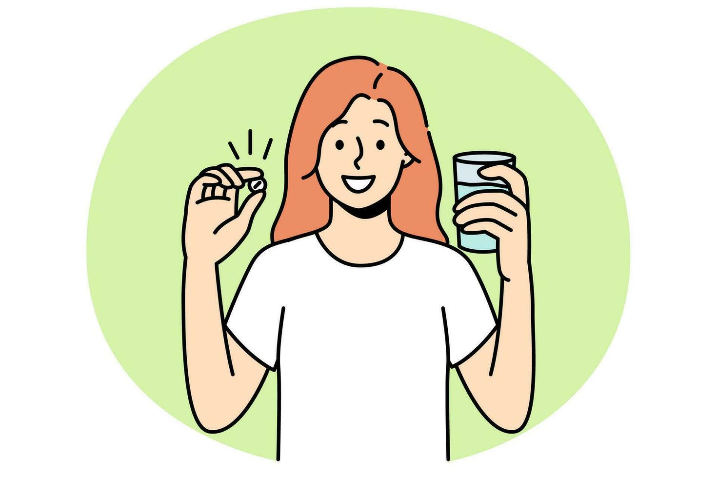 jovem feliz em pé com um copo de água tome uma dose diária de vitaminas. garota feliz toma analgésico ou antidepressivo. medicamentos e drogas. ilustração vetorial. vetor