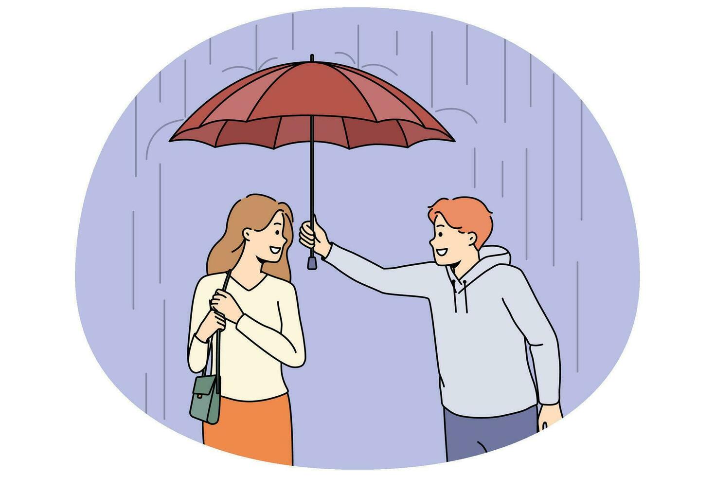 carinhoso jovem compartilhando guarda-chuva com mulher bonita ao ar livre. cavalheiros masculinos sorridentes protegem a fêmea da chuva lá fora. ilustração vetorial. vetor