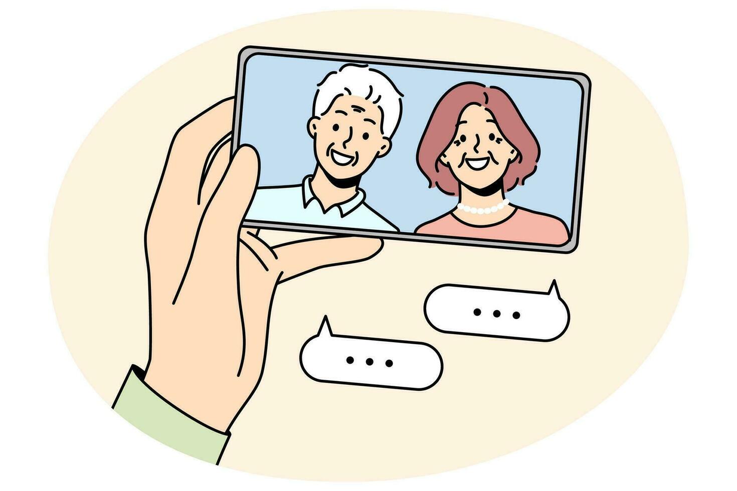 mão segurando o celular falando com pais maduros online em videochamada. pessoa tem conversa de webcam com avós seniores no smartphone. ilustração vetorial. vetor