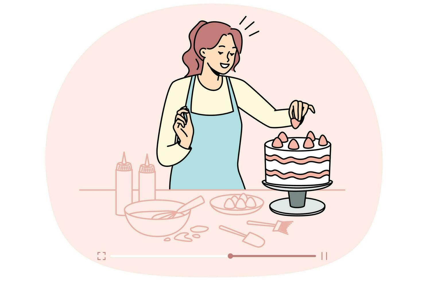 blogueira de comida feminina atirando receita de bolo no canal online. mulher vlogger faz transmissão ao vivo de cozimento de sobremesas. padaria caseira. ilustração vetorial. vetor