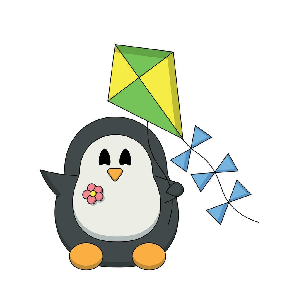 fofa desenho animado pinguim com uma pipa dentro cor vetor