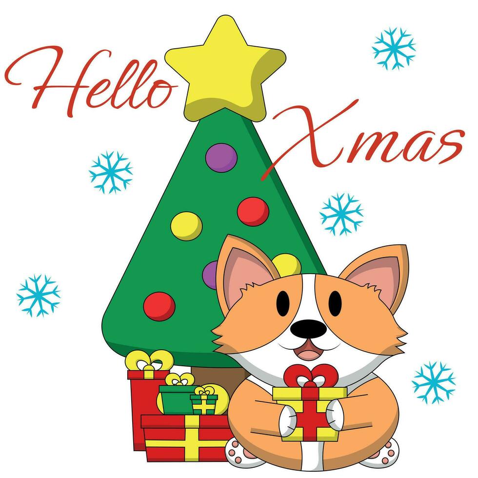 Natal cumprimento cartão postal com personagem corgi com Natal árvore e presente caixa vetor