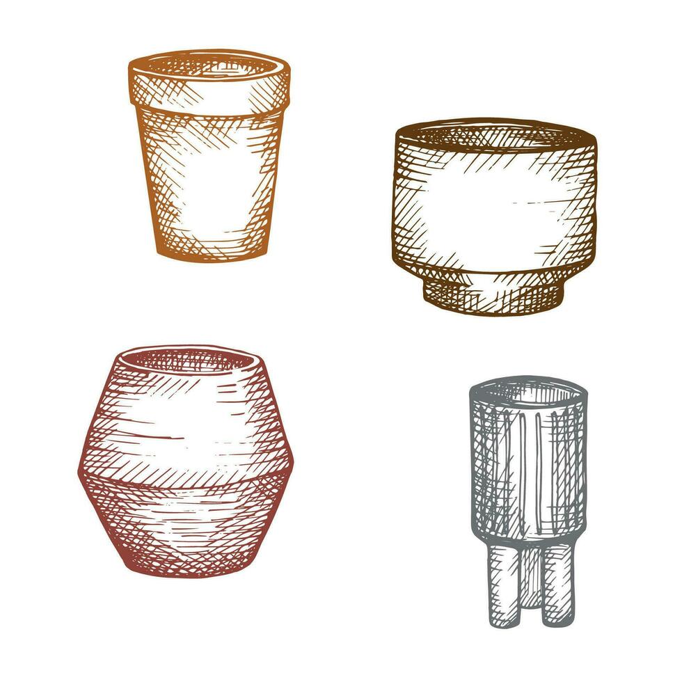 cerâmico flor panelas desenhando com gravação, doodle. mão desenhado conjunto com vasos em isolado branco fundo, esboço estilo. Projeto elemento para flor comprar, cerâmica, casa decoração, fez trabalhos manuais argila. vetor