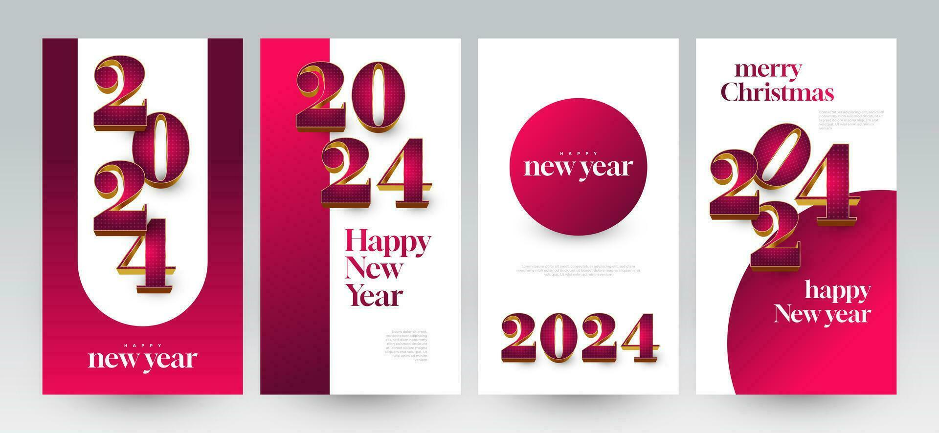 elegante feliz Novo ano 2024 poster conjunto com 3d números. adequado, para cartão, bandeira, poster, folheto, cobrir, e social meios de comunicação postar modelo vetor