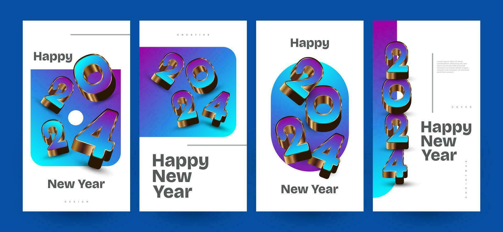 criativo e colorida feliz Novo ano 2024 poster conjunto com 3d números. adequado, para cartão, bandeira, poster, folheto, cobrir, e social meios de comunicação postar modelo vetor