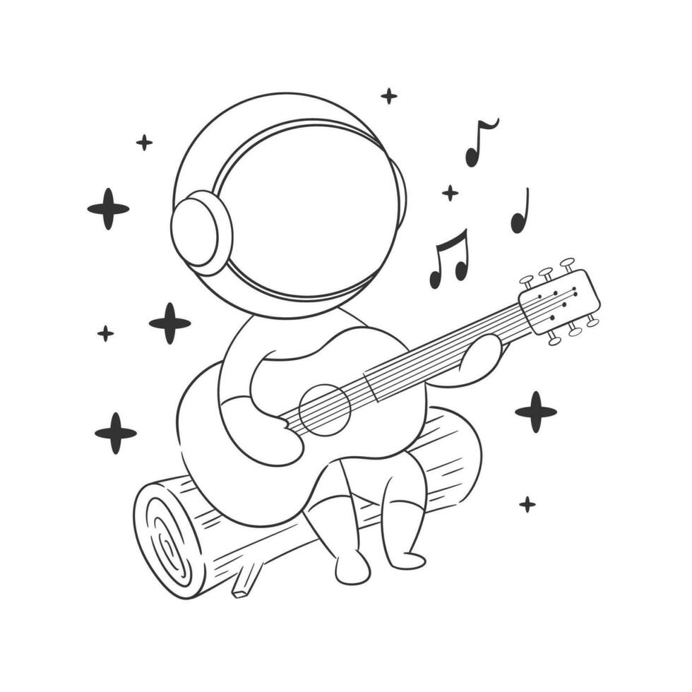 astronauta sentado jogando guitarra e cantando para coloração vetor
