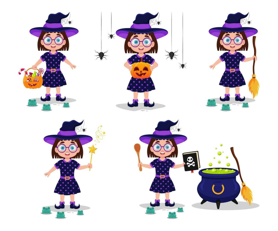 conjunto do ilustrações do uma menina dentro uma bruxa traje vetor