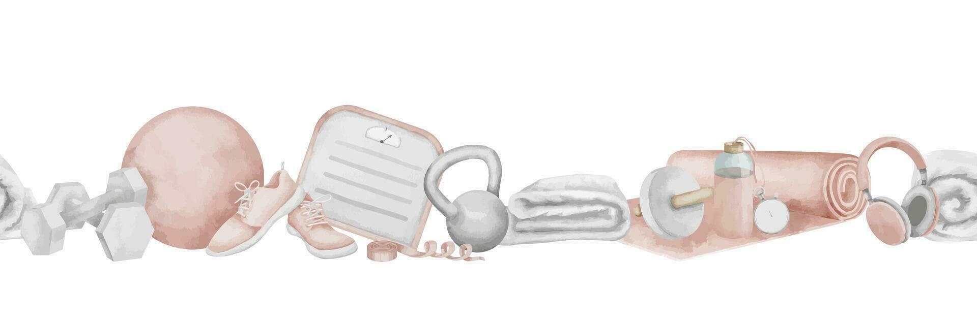 desatado fronteira para Esportes local na rede Internet. mão desenhado aguarela fêmea ginástica ilustração em branco isolado fundo. desenhando do Rosa exercício equipamento para mulher. bandeira e padronizar Projeto vetor