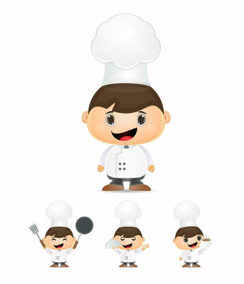 desenho animado crianças chefe de cozinha segurando fritar panela vetor