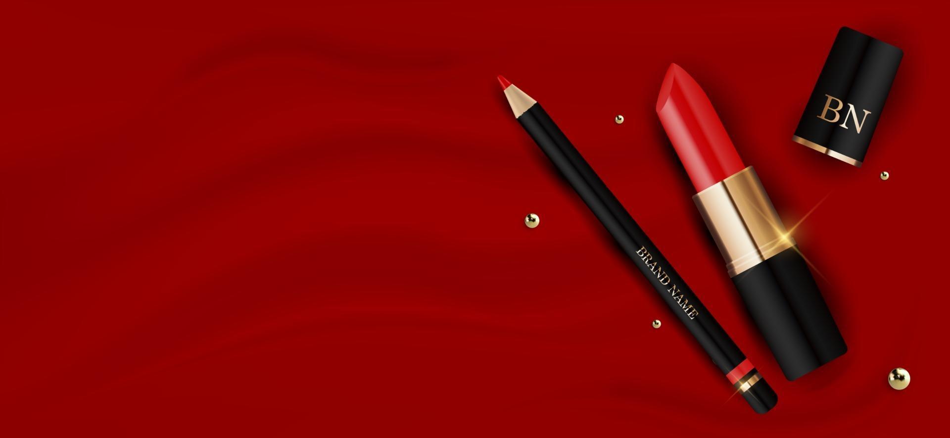 Batom vermelho realista 3D e lápis no modelo de design de seda vermelha de produtos de cosméticos da moda vetor