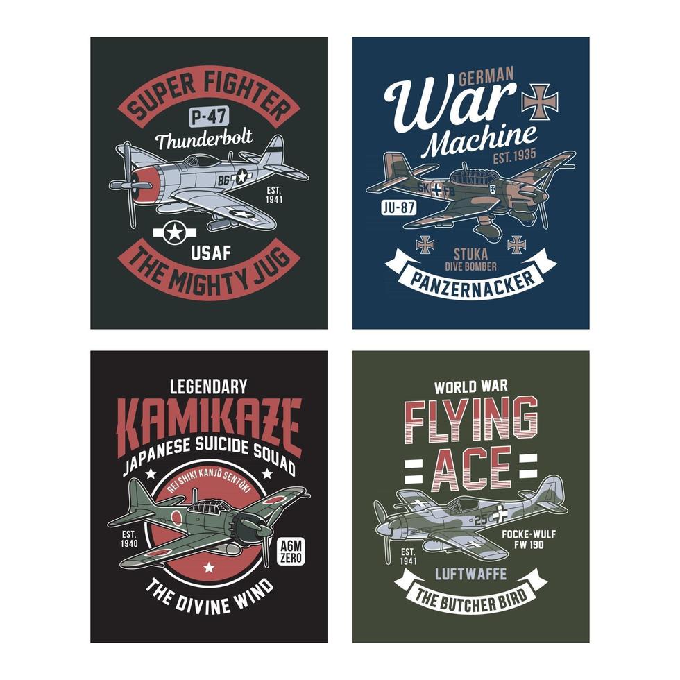 coleção vintage de camisetas gráficas de avião de combate da 2ª guerra mundial vetor