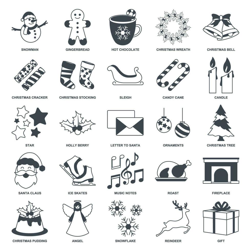 Natal e Novo ano ícone definir, incluído ícones Como Natal árvore, santa Papai Noel, quente chocolate e Mais símbolos coleção, logotipo isolado vetor ilustração