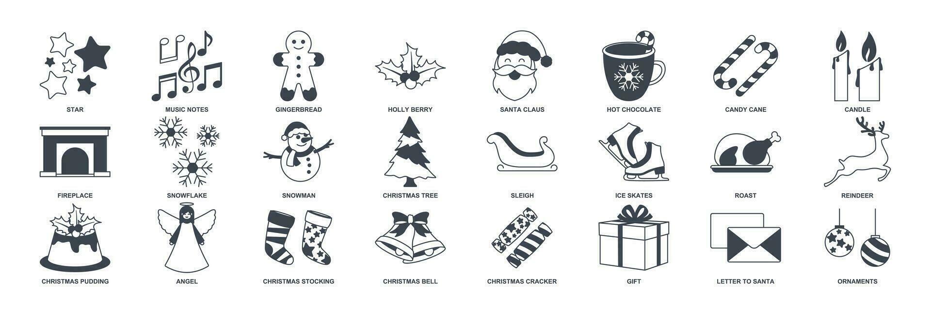 Natal e Novo ano ícone definir, incluído ícones Como Natal árvore, santa Papai Noel, quente chocolate e Mais símbolos coleção, logotipo isolado vetor ilustração