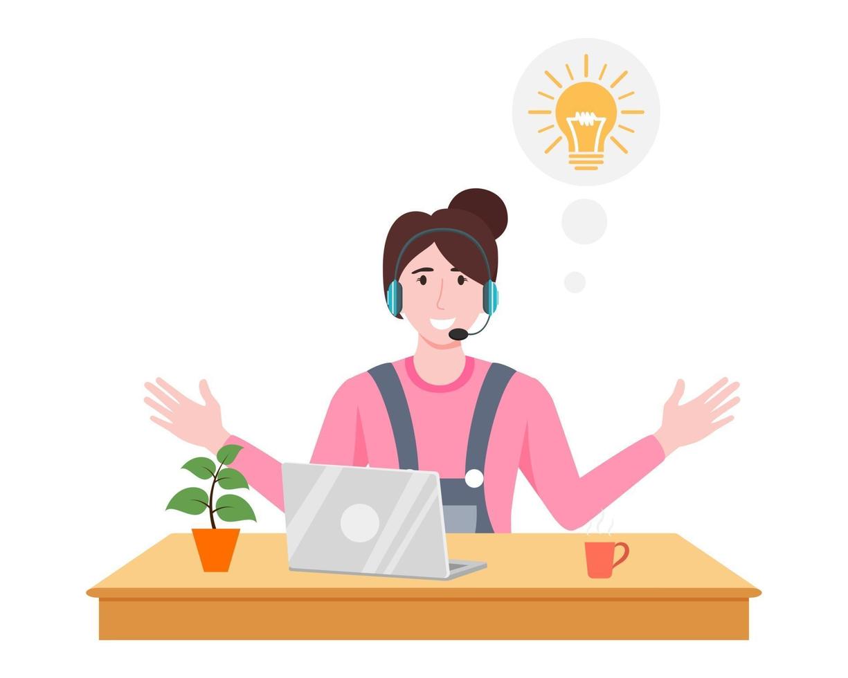 linda jovem empresária, um personagem usando uma roupa de negócios, configuração de fone de ouvido na mesa com a planta de café do laptop e acenando com o símbolo da ideia vetor
