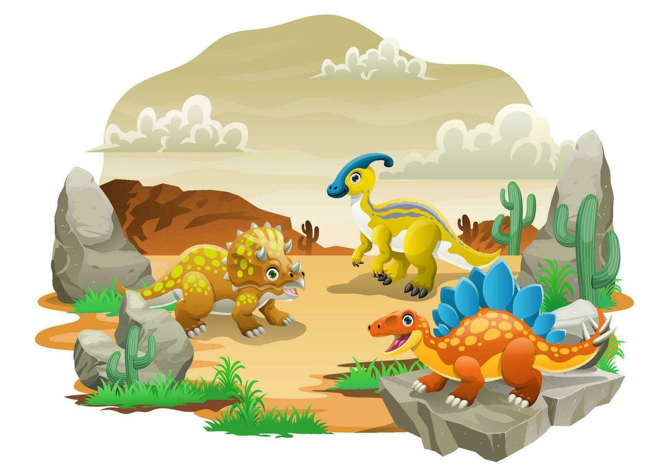 feliz desenho animado dinossauros às a pré-histórico deserto terra vetor