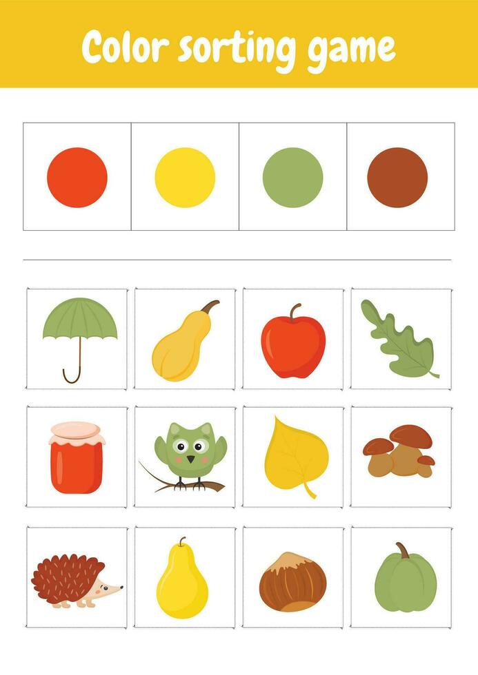ordenar e Combine objetos Sediada em cores. cor Ordenação lógico jogo. conectar objetos para seus cor grupos. Educação lógica jogos para crianças, pré escola, Jardim da infância Educação escolar em casa. outono objetos. vetor