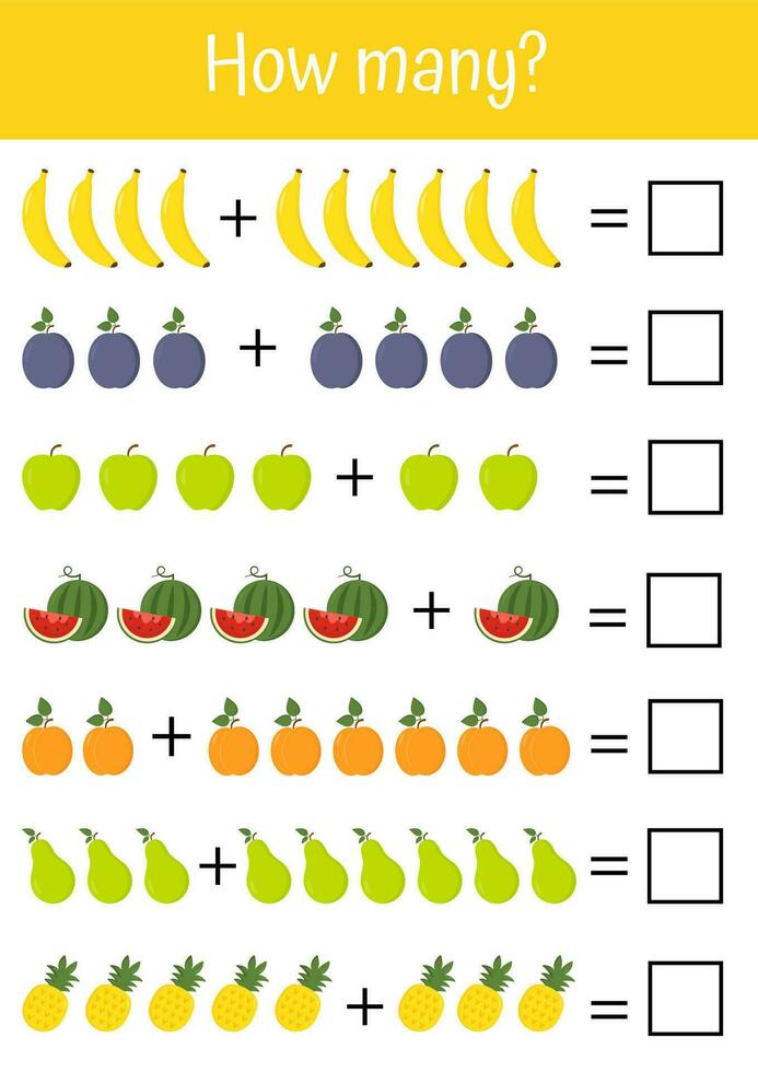 interativo e colorida matemática exercícios para crianças. Adição, subtração, e matemático jogos. ideal para pré escola Educação e pedagógico propósitos. legumes e frutas matemático listas. vetor