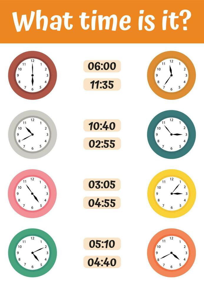 jogos úteis com relógio para crianças pré-escolares. diga o tempo definido com animais engraçados de relógio para crianças. que horas são crianças pré-escolares brincando, aprendendo atividade. planilha para crianças da escola. vetor
