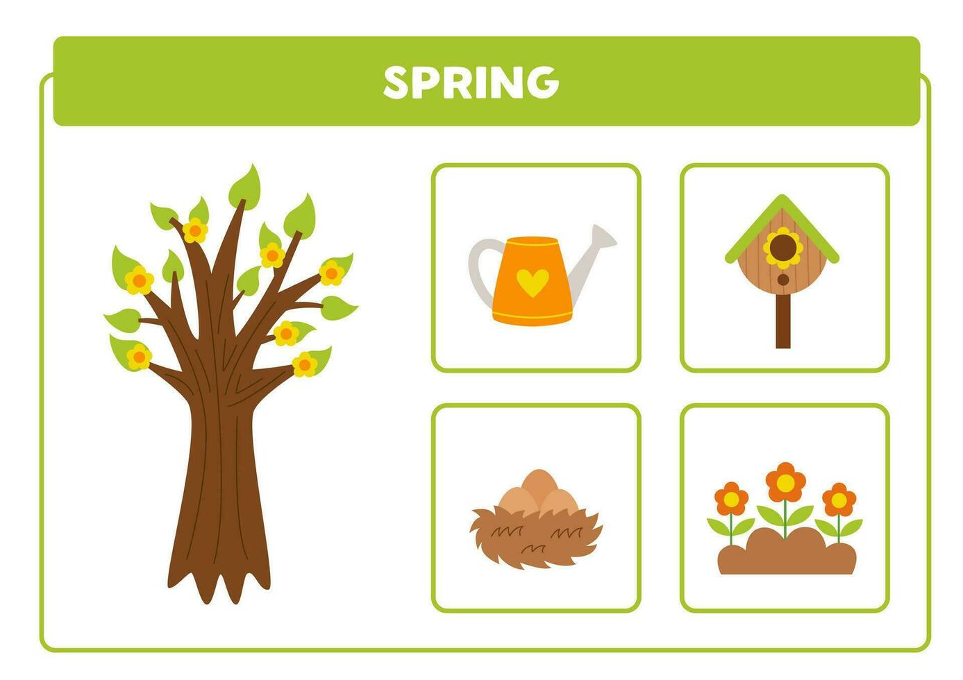 Aprendendo estação primavera, florescendo árvore, ninho, flores, Casa de passarinho, rega pode. vetor