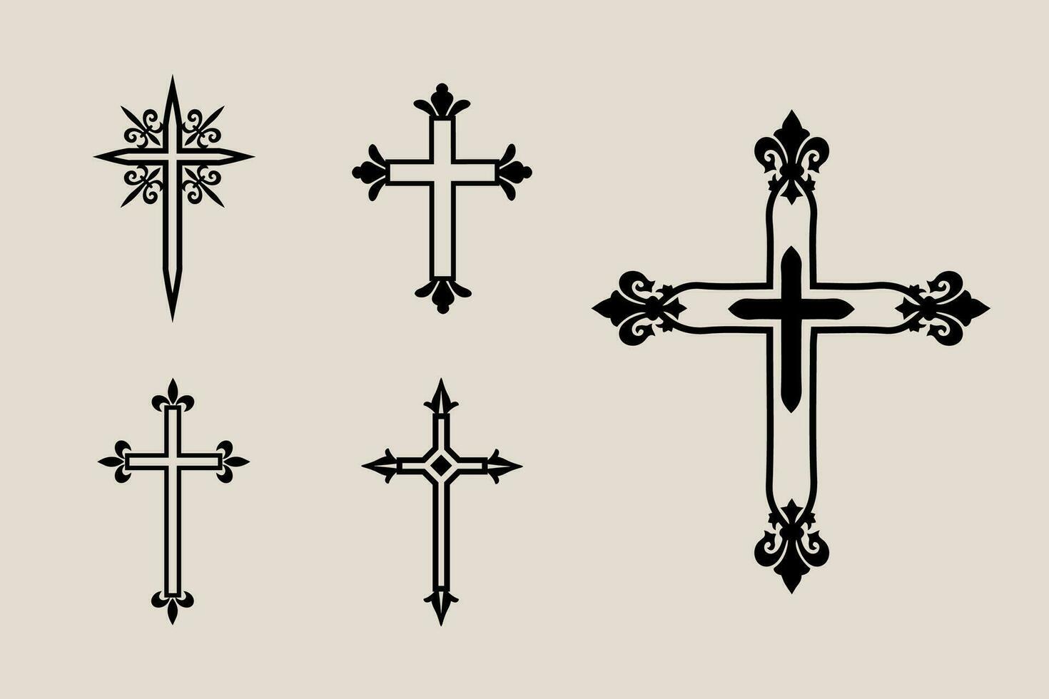 decorativo crucifixo religião católico símbolo, cristão cruzes. ortodoxo fé Igreja Cruz ícones projeto, isolado plano definir. vetor ilustração.