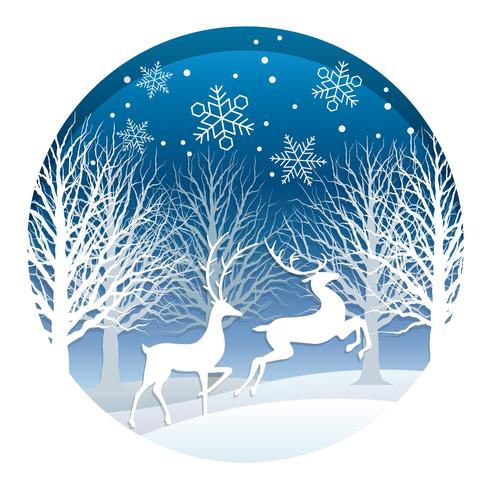 Ilustração redonda de Natal com floresta e renas. vetor