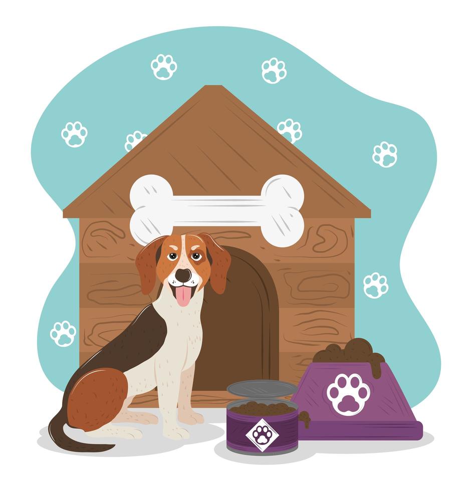 Casa de raça beagle de cachorro de estimação e tigela com comida vetor