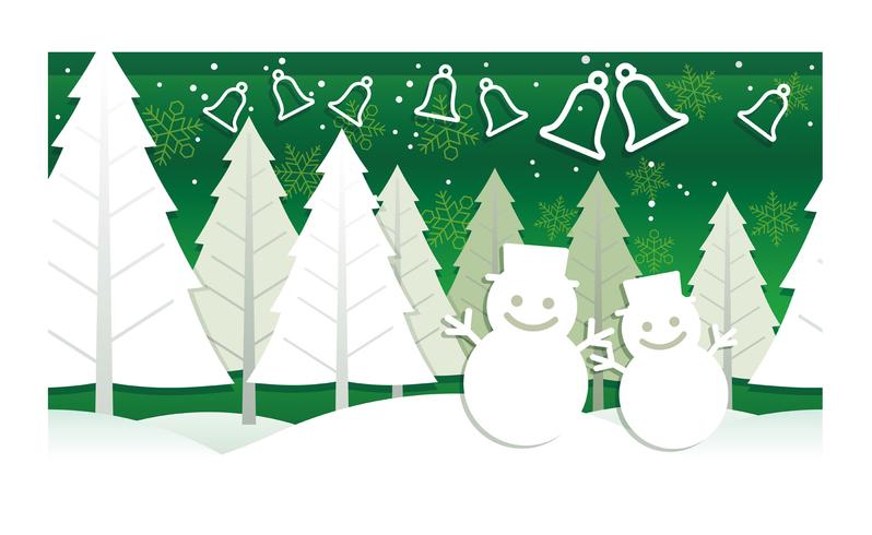Ilustração de Natal com floresta de inverno, bonecos de neve e sinos. vetor