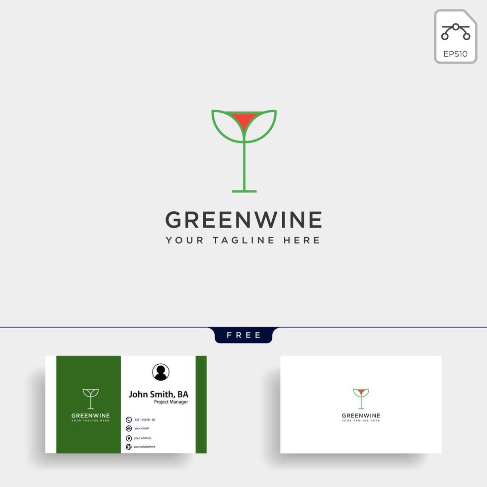 folha verde copo de vinho linha simples logotipo modelo ilustração vetorial elemento de ícone isolado com cartão de visita vetor