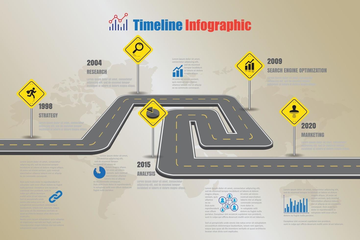 infográfico de cronograma de roteiro de negócios com sinal de estrada para abstrato modelo marco elemento diagrama moderno processo tecnologia digital marketing dados apresentação gráfico ilustração vetorial vetor