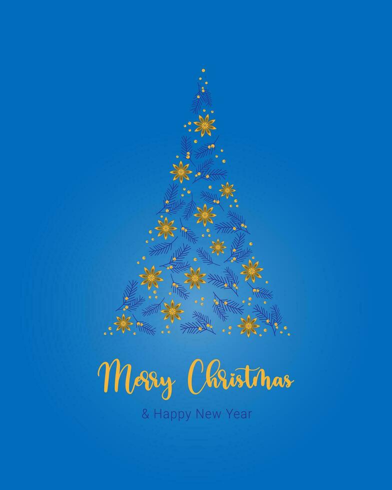 azul cartão Natal com abeto galhos e anis estrelas e vermelho bagas. vetor