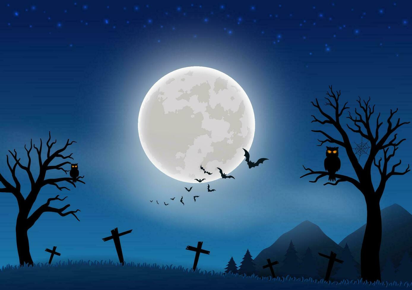 feliz dia das Bruxas comemoro tema em noite cena fundo com cheio lua, morcego e cemitério vetor