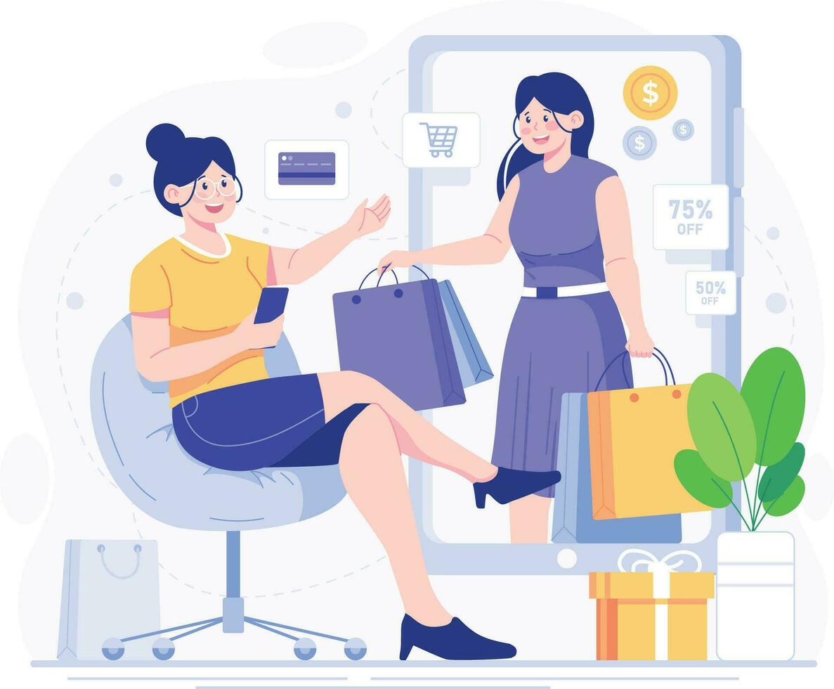 conectados compras conceito. mulher sentado em cadeira com compras bolsas e usando Móvel telefone. conectados compras em local na rede Internet ou Móvel aplicativo. ordem bens e pegue eles velozes e fácil. vetor ilustração.