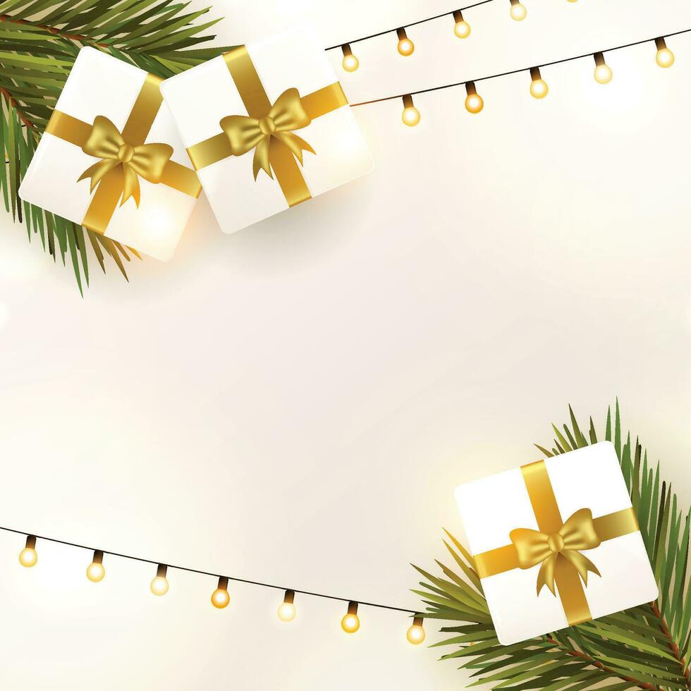 Natal fundo. natal Projeto decorativo enfeites, branco bugiganga bolas, prata presente caixas, ouro volta miçangas. Novo anos padronizar do decorativo realista objetos. festivo luz composição vetor