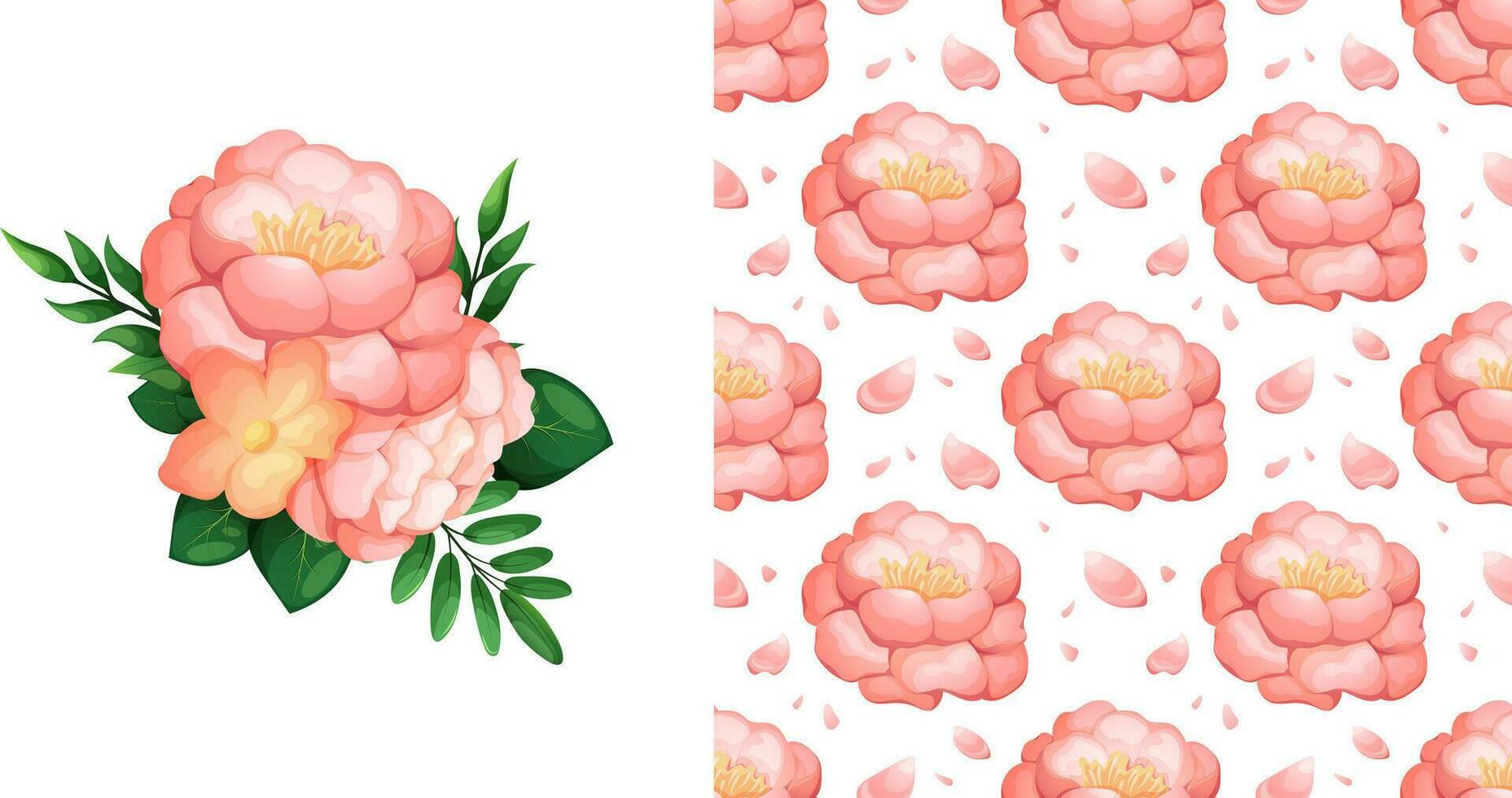 conjunto do lindo Rosa peônia e romântico padronizar com flores e pétalas para impressão em tecido, roupas, bens. vetor ilustração dentro desenho animado estilo, extravagante vetor