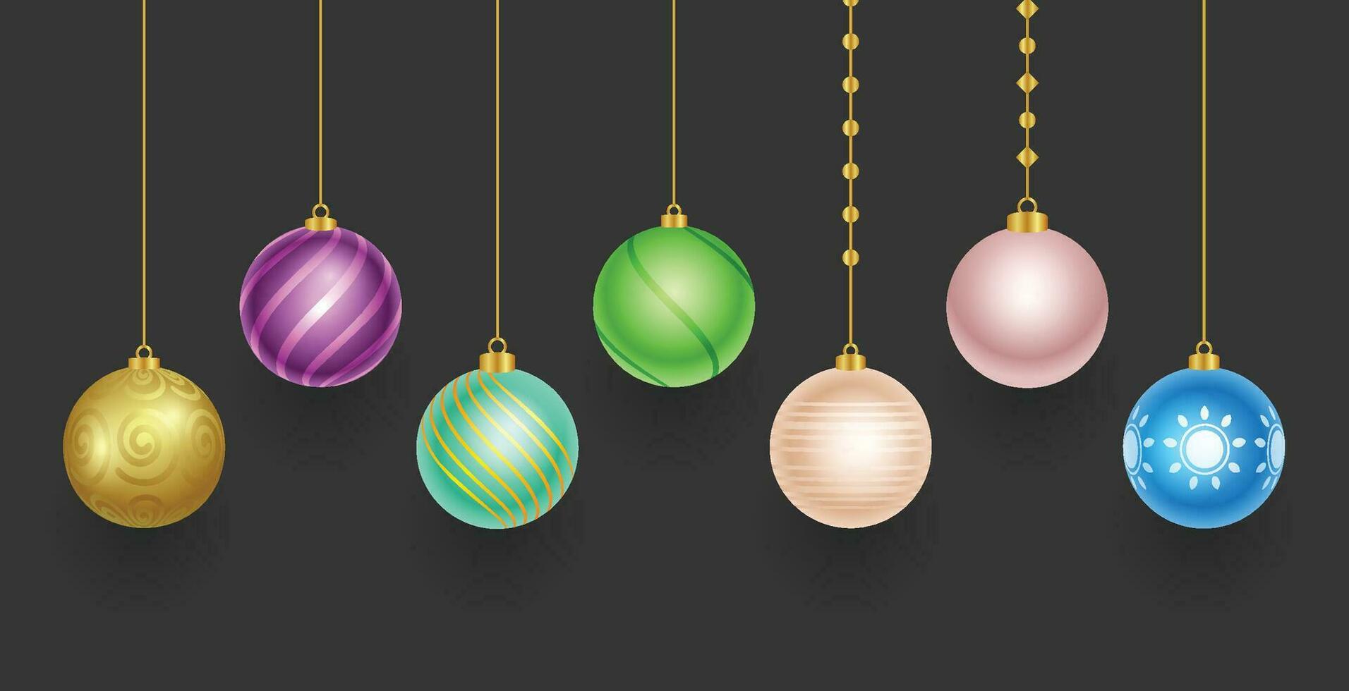 casar Natal e feliz Novo ano Natal decorações bola suspensão em fita, ouro brilhar confete. realista 3d Projeto. vetor ilustração