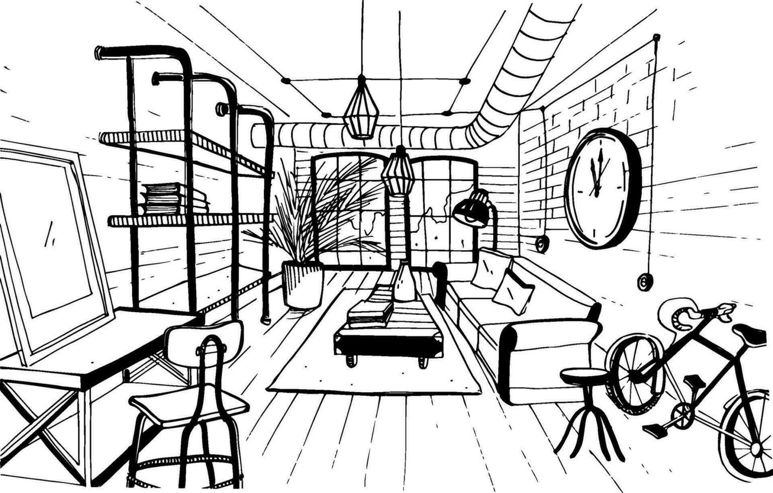 moderno vivo quarto interior dentro loft estilo. mão desenhado esboço ilustração. vetor