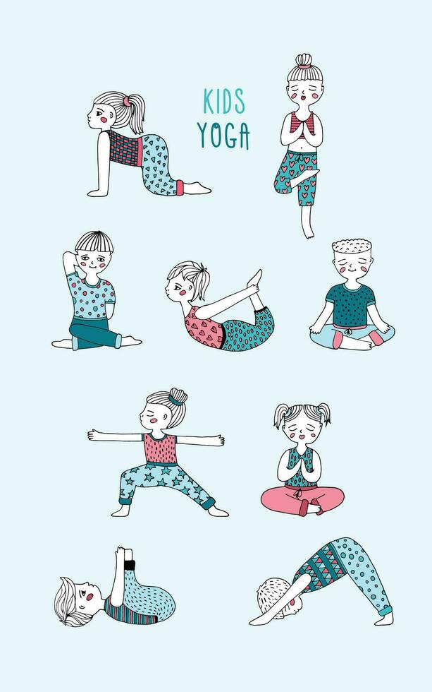 crianças ioga definir. crianças executar exercícios, asanas, posturas, meditação. mão desenhado vetor ilustração.