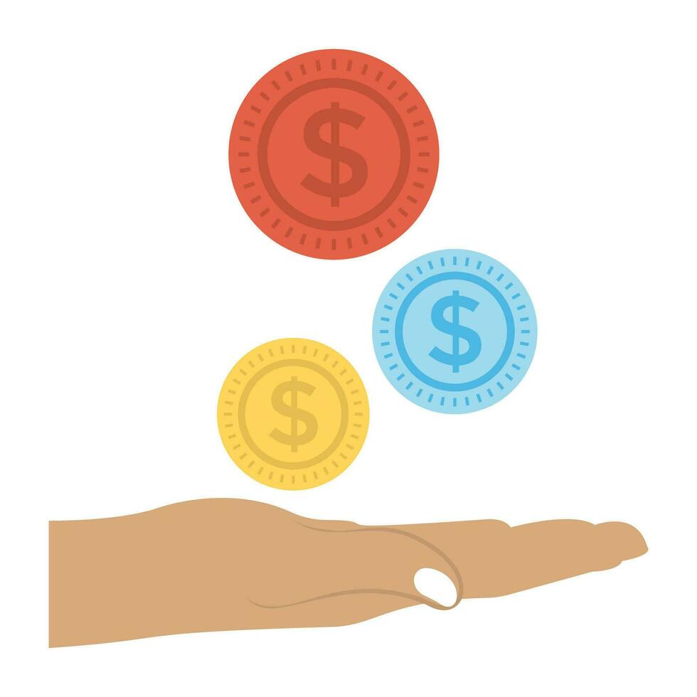 uma pessoa mão com dólar moedas mostrando caridade conceito vetor