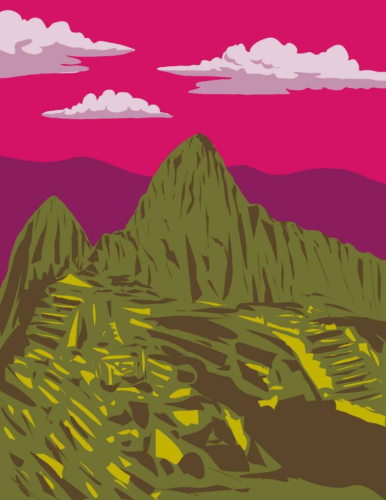 Machu picchu perdido cidade do a incas dentro Machu Picchu distrito Peru wpa arte deco poster vetor