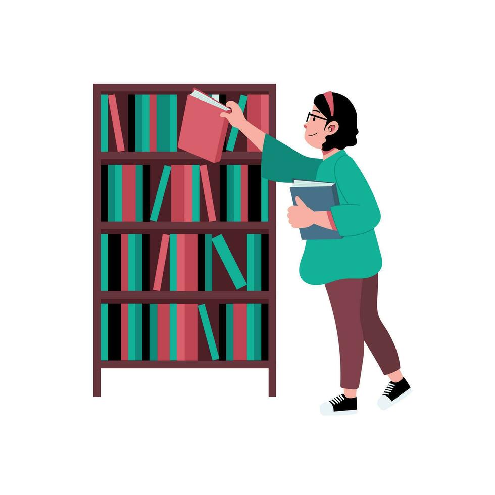 menina segurando livro e escolher uma livro a partir de estante de livros para biblioteca literatura para leitor ávido ilustração vetor
