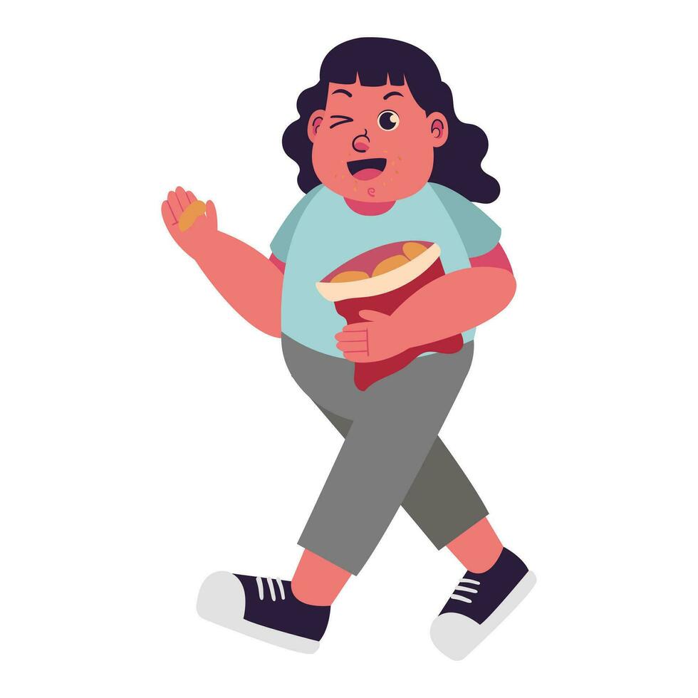 fêmea gordo pessoas excesso de peso mais Tamanho obesidade caminhando e Beliscando ilustração vetor